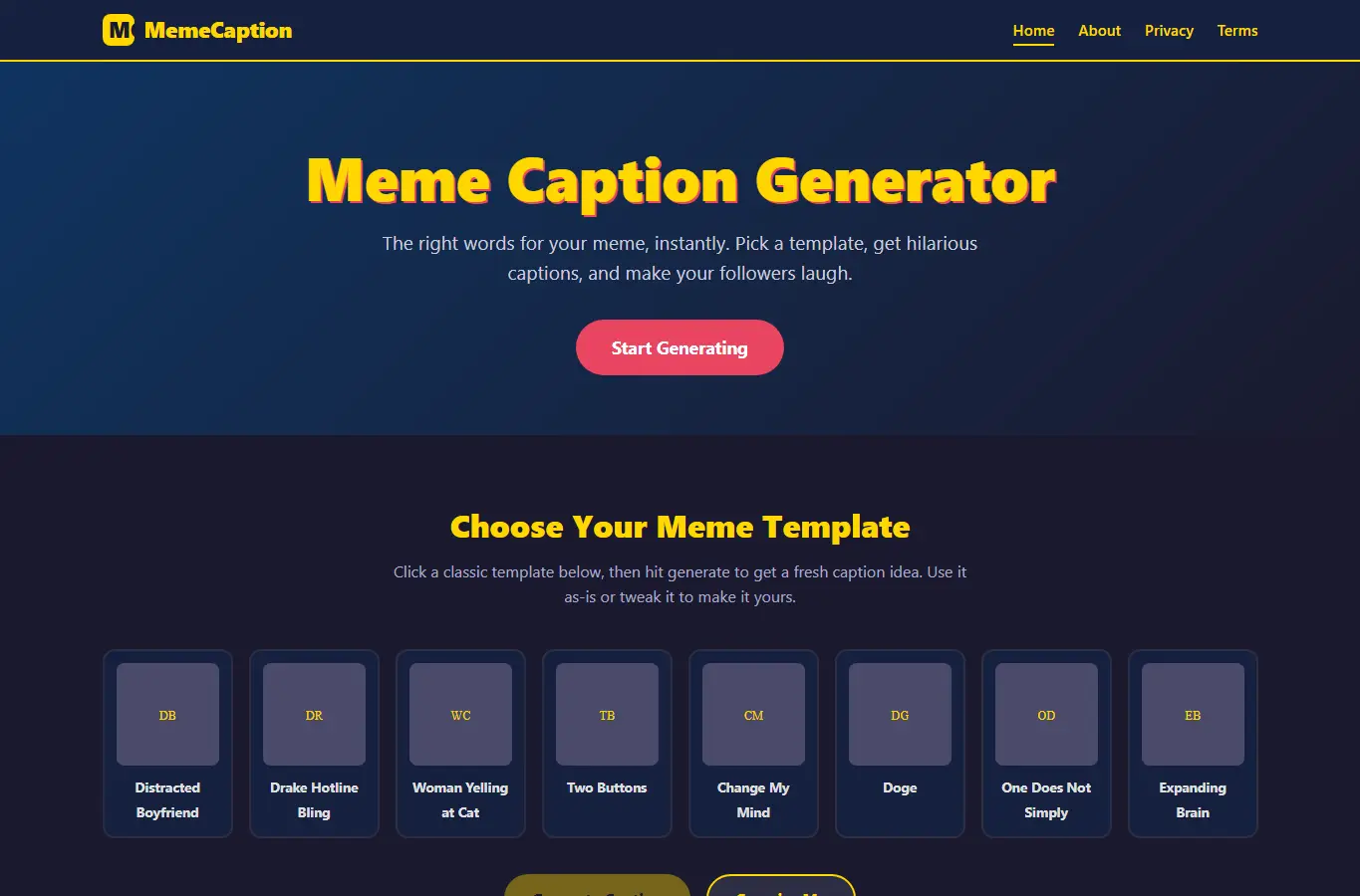 Screenshot of Meme Caption Generator – Instant Funny Captions for Popular Templates interface showing the project page in use